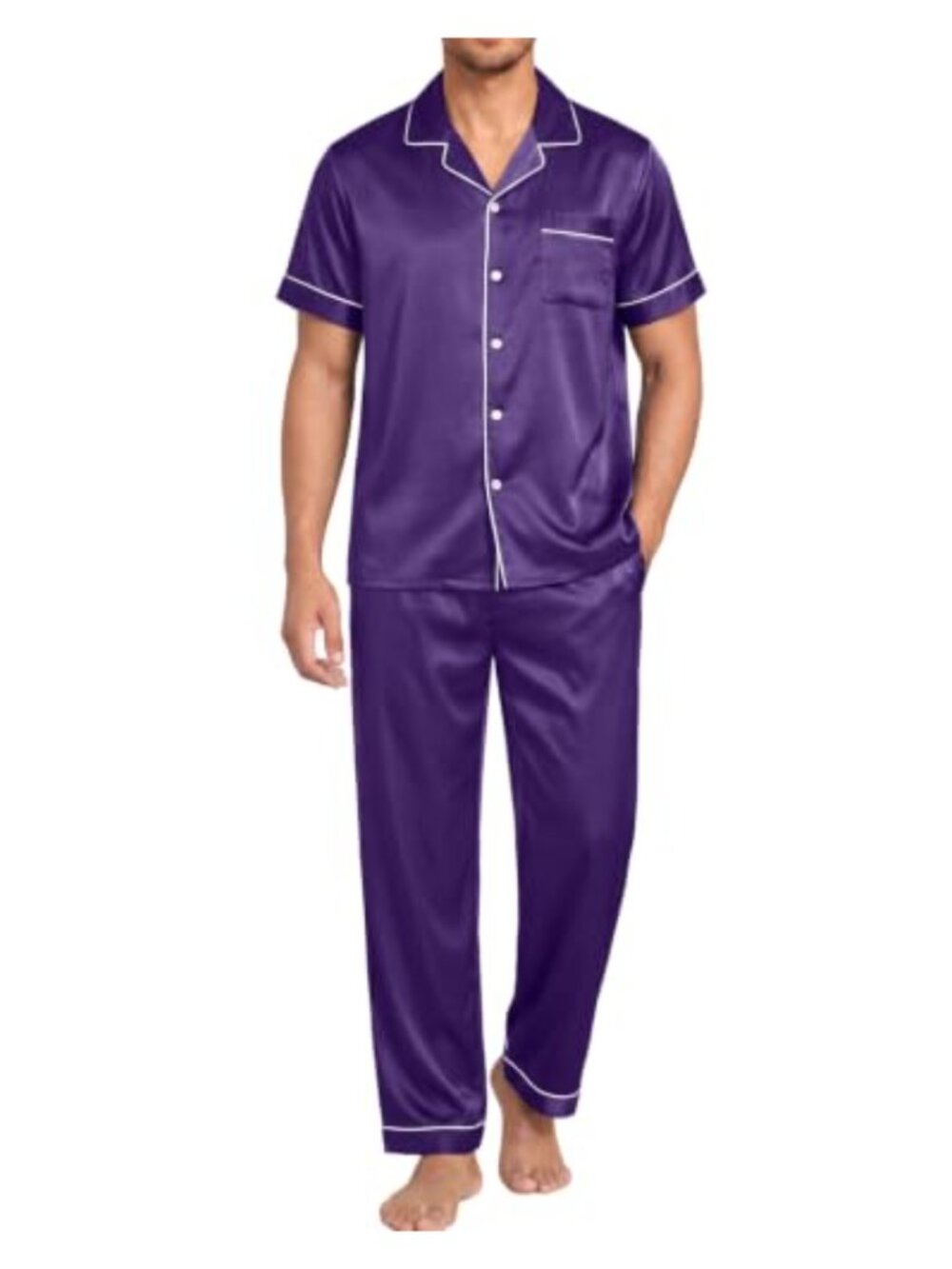 Men's Satin Pajama Set Short Sleeve Button Down Sleepwear with Pants